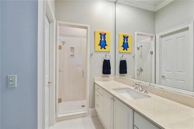 519 Homestead Ave, Metairie, LA 70005 - bathroom featuring crown molding, tile patterned floors, a shower stall, and vanity