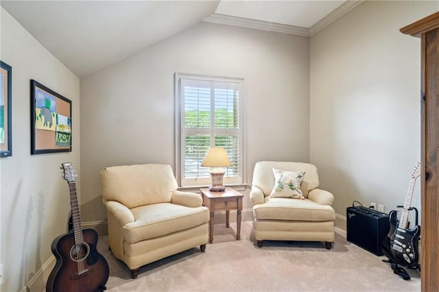 519 Homestead Ave, Metairie, LA 70005 - sitting room with crown molding, carpet flooring, baseboards, and lofted ceiling