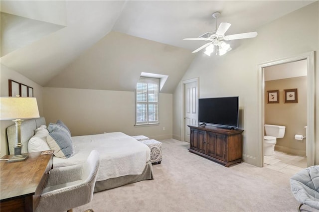 519 Homestead Ave, Metairie, LA 70005 - bedroom featuring baseboards, ceiling fan, carpet floors, ensuite bath, and vaulted ceiling