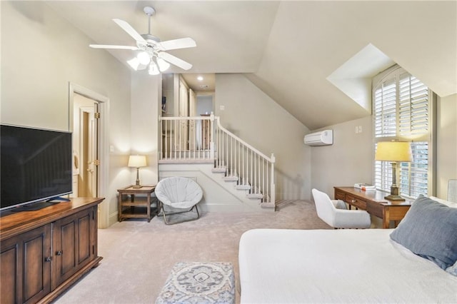 519 Homestead Ave, Metairie, LA 70005 - carpeted bedroom with a wall mounted AC, vaulted ceiling, and ceiling fan