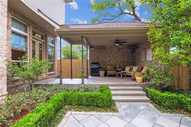 519 Homestead Ave, Metairie, LA 70005 - view of patio with a grill, an outdoor living space, fence, and a ceiling fan