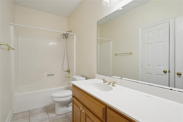full bath featuring shower / tub combination, vanity, toilet, and tile patterned flooring