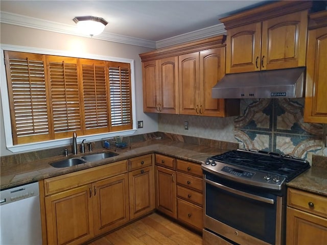 kitchen with light wood-style floors, ornamental molding, appliances with stainless steel finishes, under cabinet range hood, and a sink