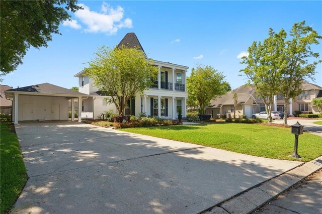 3752 Lake Charles Dr, Gretna, LA 70056 - view of front facade featuring concrete driveway, a carport, a balcony, and a front lawn