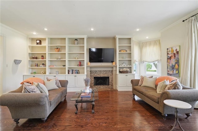3752 Lake Charles Dr, Gretna, LA 70056 - living area featuring dark wood-type flooring, ornamental molding, recessed lighting, and a fireplace
