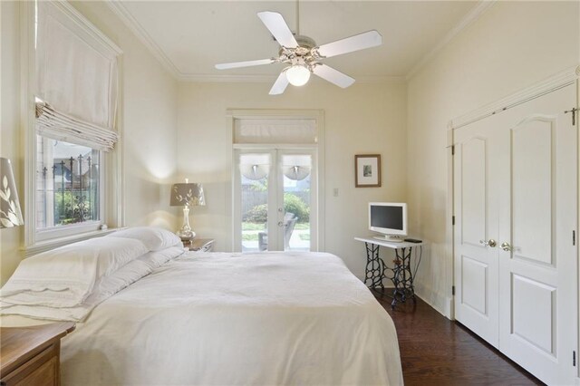 3752 Lake Charles Dr, Gretna, LA 70056 - bedroom featuring dark wood-type flooring, access to outside, a ceiling fan, and ornamental molding