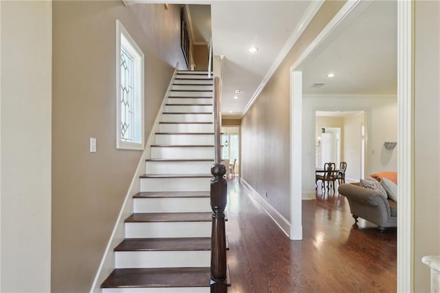 3752 Lake Charles Dr, Gretna, LA 70056 - stairway featuring plenty of natural light, baseboards, ornamental molding, and wood finished floors
