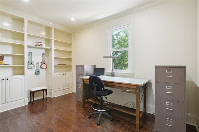 3752 Lake Charles Dr, Gretna, LA 70056 - office area featuring dark wood-type flooring, baseboards, and ornamental molding