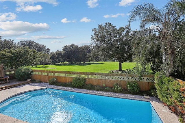 view of swimming pool with a yard, a fenced in pool, and a fenced backyard