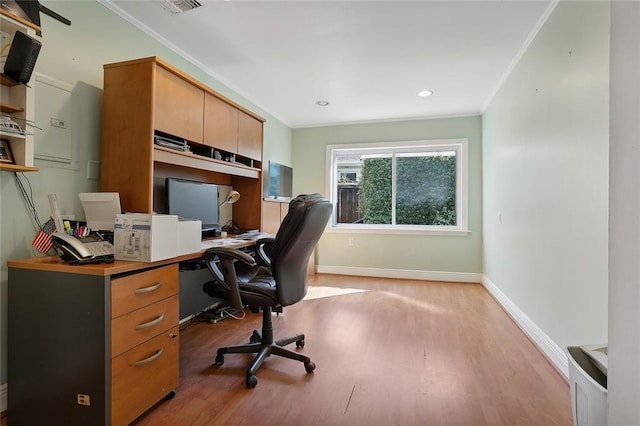 office with recessed lighting, crown molding, light wood finished floors, and baseboards