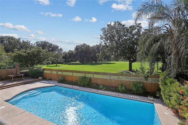 view of swimming pool featuring a fenced backyard, a fenced in pool, and a lawn