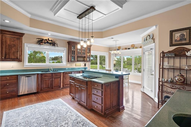 kitchen featuring stainless steel dishwasher, hanging light fixtures, a chandelier, and wood finished floors