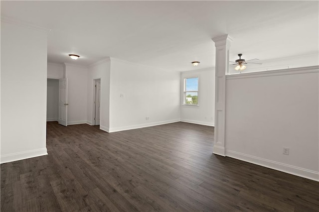 unfurnished living room with crown molding, baseboards, and dark wood-style floors