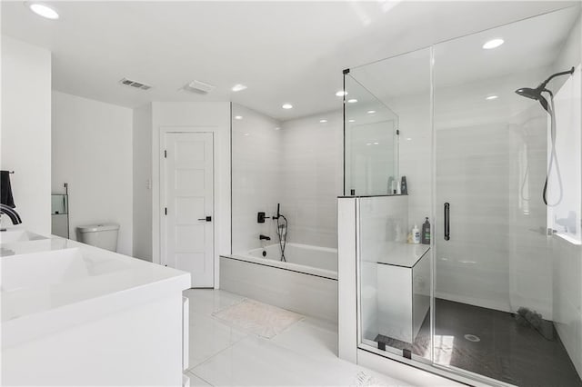full bath with a bath, vanity, visible vents, recessed lighting, and a stall shower