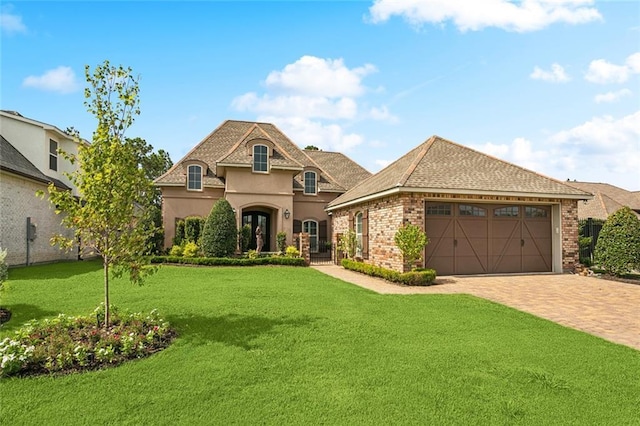 809 S Corniche Du Lac, Covington, LA 70433 - french provincial home featuring decorative driveway, a garage, a front lawn, brick siding, and stucco siding