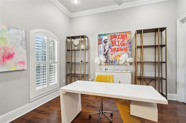 809 S Corniche Du Lac, Covington, LA 70433 - office featuring crown molding, dark wood-style flooring, and recessed lighting