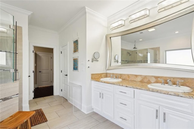 809 S Corniche Du Lac, Covington, LA 70433 - bathroom featuring a stall shower, double vanity, and ornamental molding