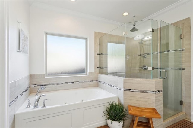 809 S Corniche Du Lac, Covington, LA 70433 - full bath with a shower stall, a tub with jets, ornamental molding, and recessed lighting