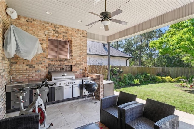 809 S Corniche Du Lac, Covington, LA 70433 - fenced backyard featuring area for grilling, ceiling fan, and a patio