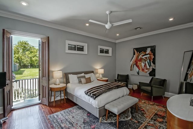 bedroom featuring baseboards, ornamental molding, visible vents, access to exterior, and wood finished floors