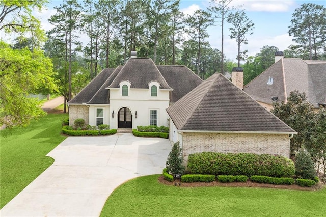 french country style house with concrete driveway, roof with shingles, stucco siding, french doors, and a front lawn