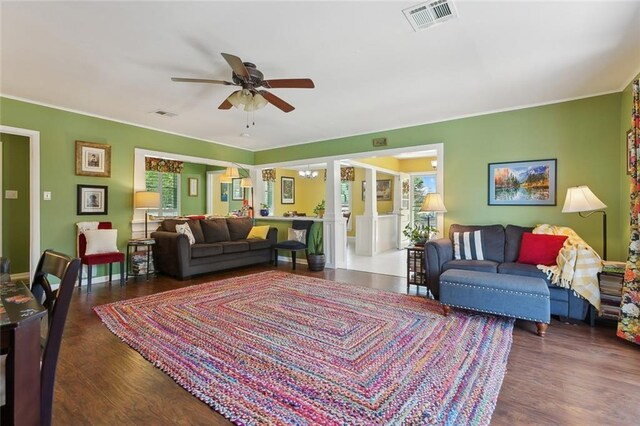 3000 Clifford Dr, Metairie, LA 70002 - living room featuring visible vents, ceiling fan, wood finished floors, and baseboards
