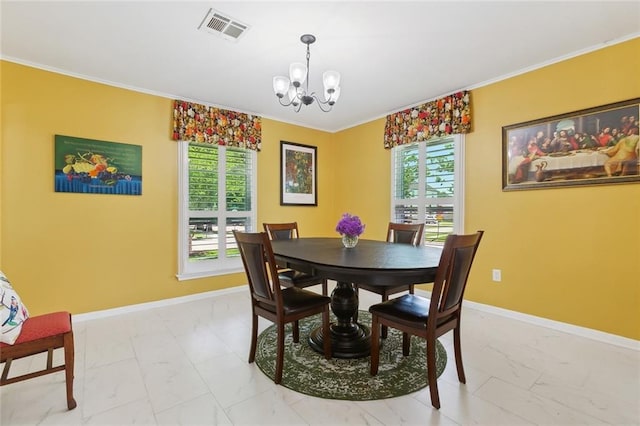 3000 Clifford Dr, Metairie, LA 70002 - dining room featuring crown molding, visible vents, a chandelier, a healthy amount of sunlight, and marble finish floor