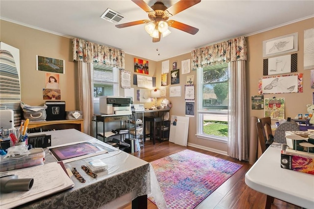 3000 Clifford Dr, Metairie, LA 70002 - home office featuring visible vents, wood finished floors, ornamental molding, and ceiling fan