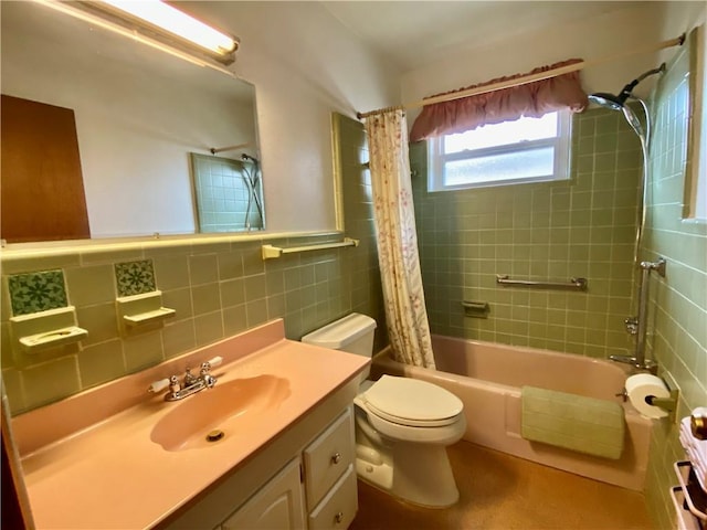bathroom with tile walls, shower / bathtub combination with curtain, toilet, and vanity