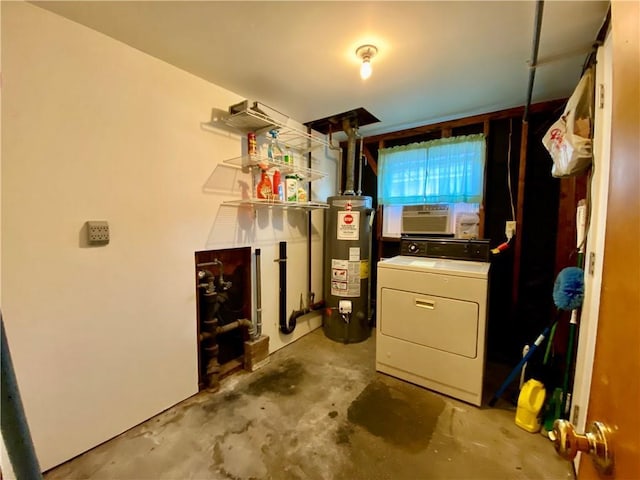 laundry area featuring washer / dryer, cooling unit, gas water heater, and laundry area