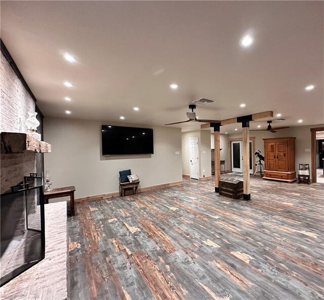 130 N Oak Ct, Luling, LA 70070 - living area featuring a fireplace, wood finished floors, recessed lighting, and a ceiling fan