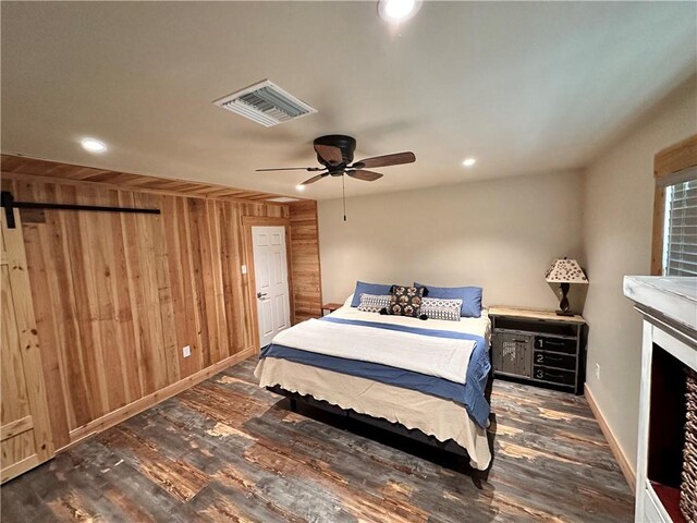 130 N Oak Ct, Luling, LA 70070 - bedroom featuring wood finished floors, recessed lighting, a ceiling fan, and wooden walls