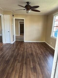 2829 Boyd St, New Orleans, LA 70131 - empty room with dark wood-style flooring, baseboards, a ceiling fan, and crown molding