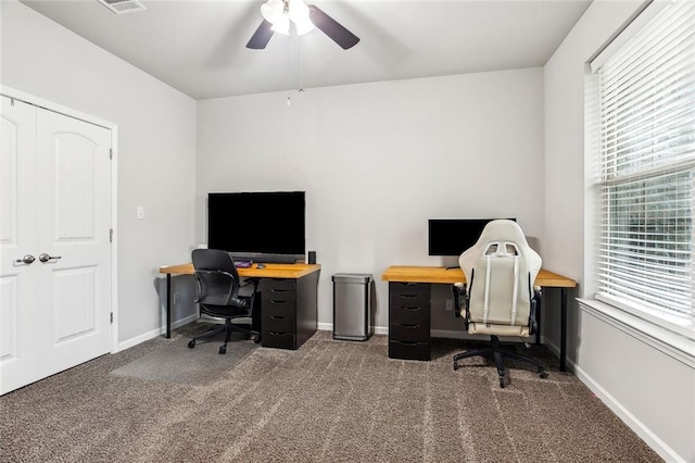 316 Providence Bay Rd, Slidell, LA 70461 - carpeted office featuring a healthy amount of sunlight, baseboards, a ceiling fan, and visible vents