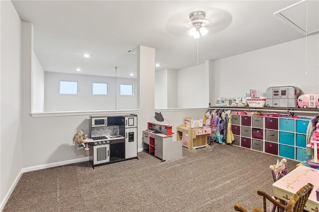 316 Providence Bay Rd, Slidell, LA 70461 - playroom featuring a ceiling fan, visible vents, attic access, carpet flooring, and baseboards