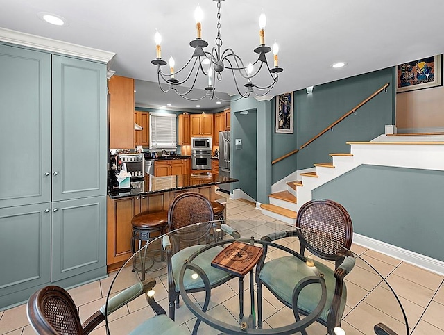 dining area featuring light tile patterned floors, recessed lighting, a chandelier, and stairs