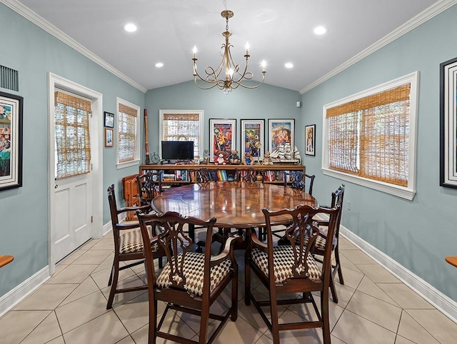 dining space featuring a wealth of natural light, light tile patterned floors, and a notable chandelier