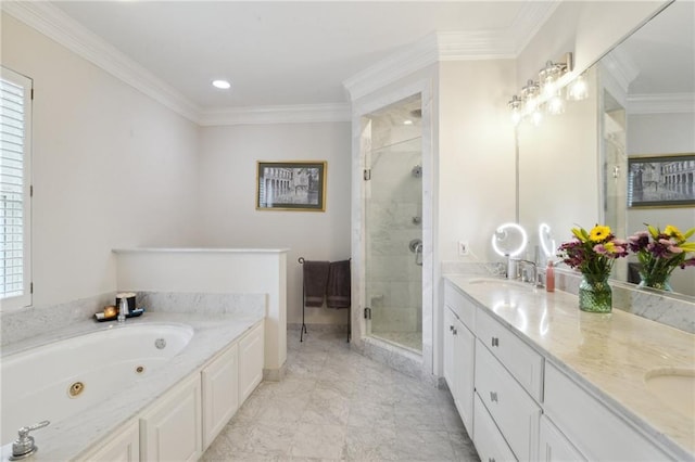59 Spanish Fort Blvd, New Orleans, LA 70124 - bathroom featuring a shower stall, crown molding, a sink, and a tub with jets
