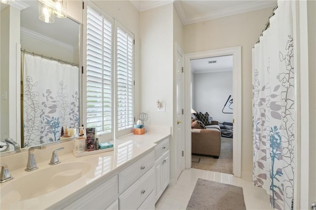59 Spanish Fort Blvd, New Orleans, LA 70124 - ensuite bathroom with ornamental molding, vanity, and a healthy amount of sunlight