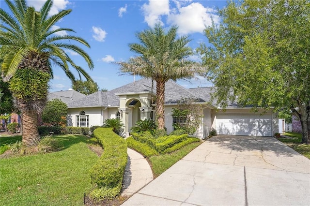 ranch-style home featuring an attached garage, stucco siding, a front yard, and concrete driveway