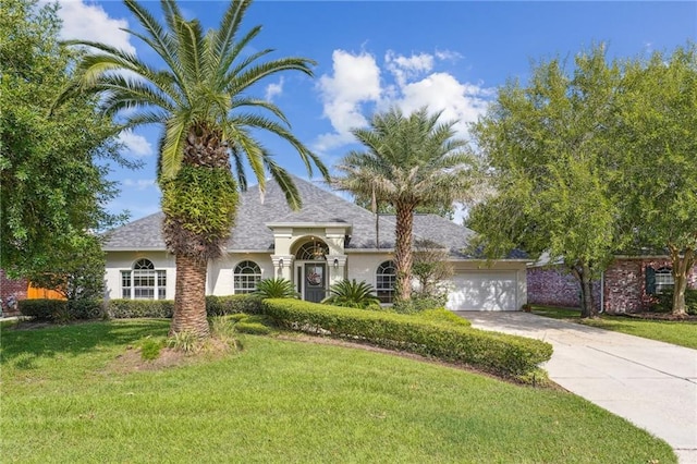 view of front of home featuring a garage, a front lawn, stucco siding, a shingled roof, and driveway