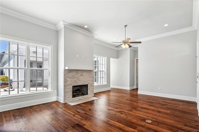 892 Chretien Point Ave, Covington, LA 70433 - unfurnished living room with hardwood / wood-style floors, ornamental molding, a ceiling fan, a fireplace, and recessed lighting
