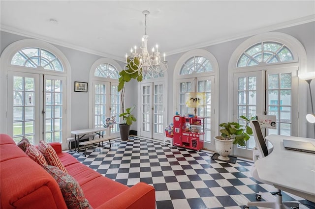 58 Fontainebleau Dr, New Orleans, LA 70125 - sunroom / solarium with a healthy amount of sunlight, an inviting chandelier, and french doors