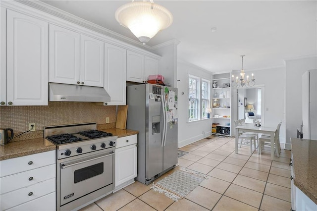 58 Fontainebleau Dr, New Orleans, LA 70125 - kitchen with ornamental molding, under cabinet range hood, white cabinets, appliances with stainless steel finishes, and a notable chandelier