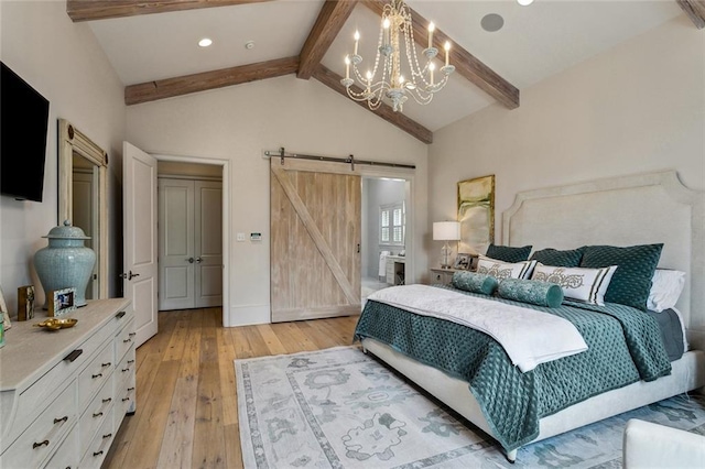 316 Sena Dr, Metairie, LA 70005 - bedroom featuring a barn door, baseboards, lofted ceiling with beams, a chandelier, and light wood-style flooring