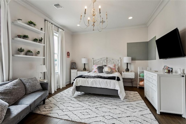 316 Sena Dr, Metairie, LA 70005 - bedroom featuring dark wood finished floors, a notable chandelier, ornamental molding, and visible vents