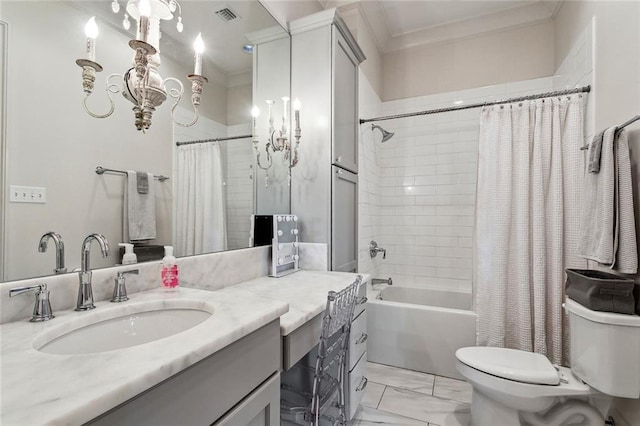 316 Sena Dr, Metairie, LA 70005 - full bath featuring toilet, visible vents, shower / tub combo, marble finish floor, and crown molding
