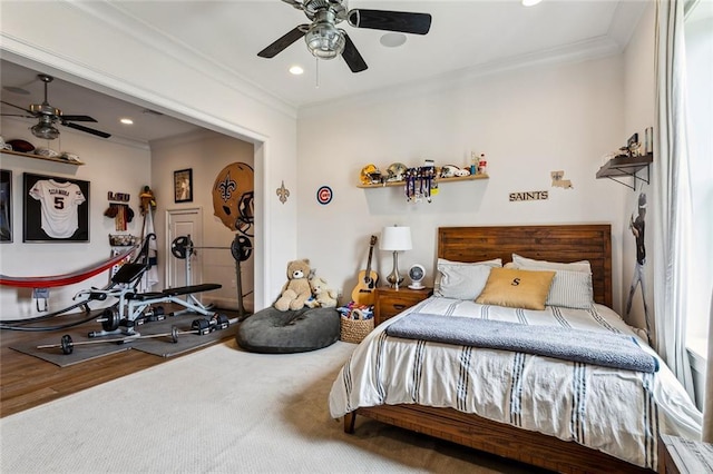 316 Sena Dr, Metairie, LA 70005 - bedroom with ceiling fan, ornamental molding, and recessed lighting