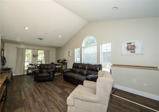 1025 Breckenridge Dr, Slidell, LA 70461 - living area featuring dark wood-style floors, high vaulted ceiling, and recessed lighting