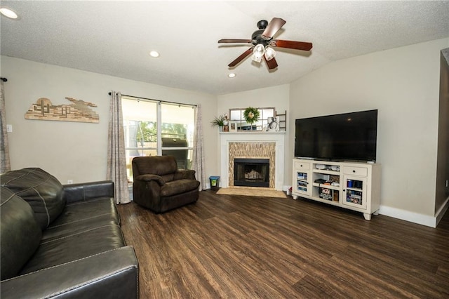 1025 Breckenridge Dr, Slidell, LA 70461 - living room with wood finished floors, a fireplace, a ceiling fan, vaulted ceiling, and recessed lighting